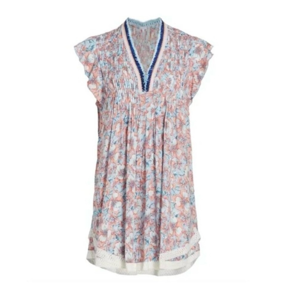 Poupette St. Barth Pink and Blue Smocked Flutter Sleeve Dress